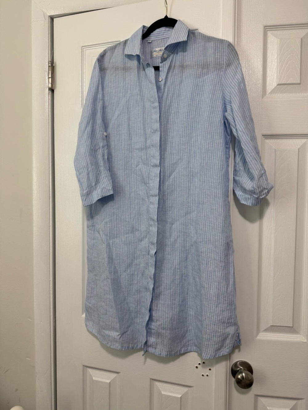 Ben Silver Light Blue & White 100% Linen Striped Button Shirt Dress